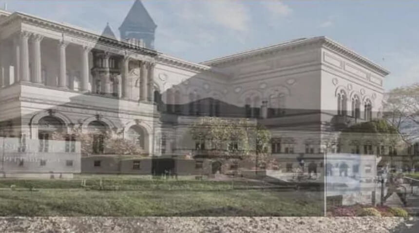 Photo of the current exterior of CLP-Main in Oakland superimposed over the original exterior from 1895.