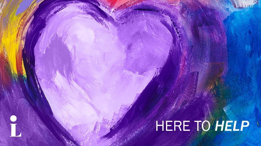 Acrylic style panting of purple heart positioned above text "Here to Help."