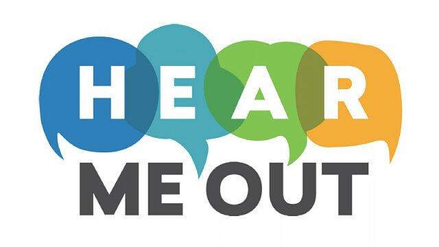 "Hear Me Out" with the "Hear" in colored thought bubbles