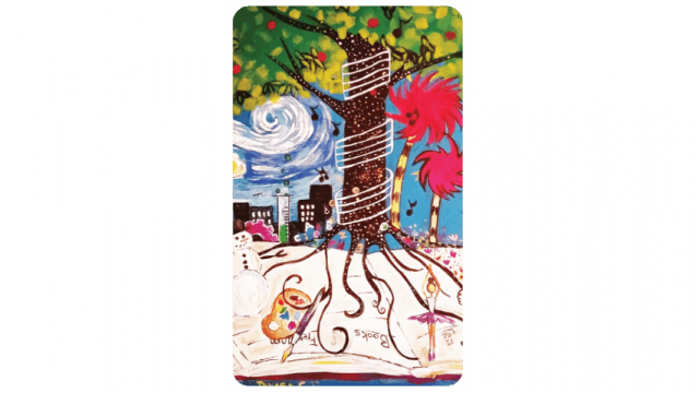 Library card featuring a tree surrounding by swirling objects and colors
