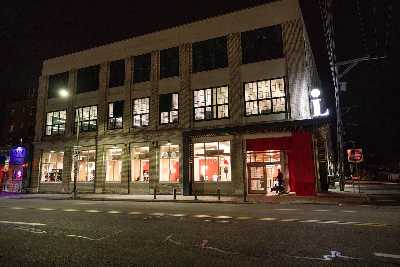 Exterior view of the Library for Accessible Media for Pennsylvanians at night.