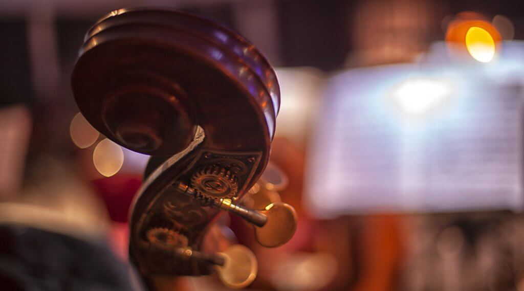 The curve of a cello with sheet music out of focus in the background.