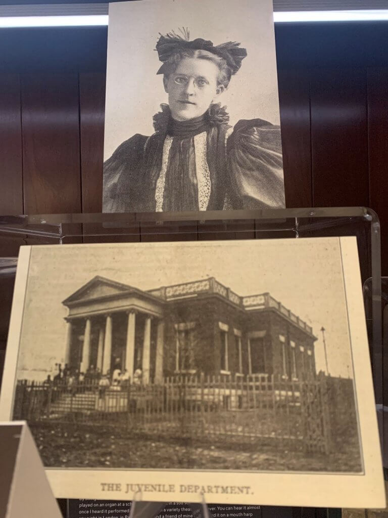 Photo of a woman in fancy dress from 1895 and a photo of a building with columns