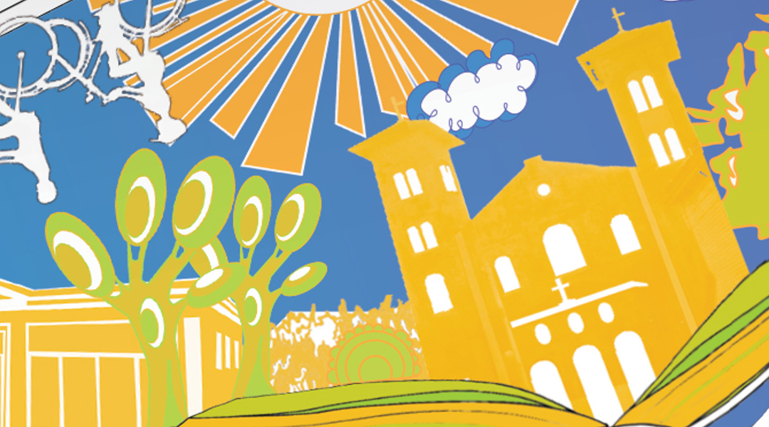 A mural with a blue sky and, yellow sun, yellow buildings and trees, and the outline of two people riding bikes.