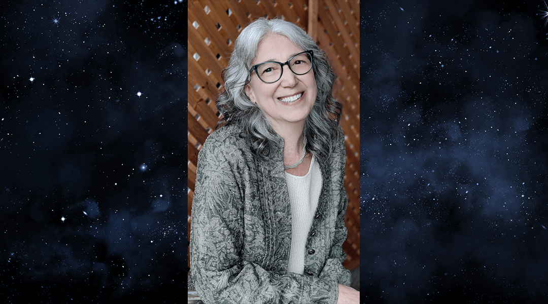 Portrait of astronomer Diane Turnshek with a starry night sky background.