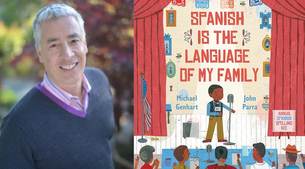 Portrait of Dr. Michael Genhart next to the cover of his book, Spanish is the Language of My Family.