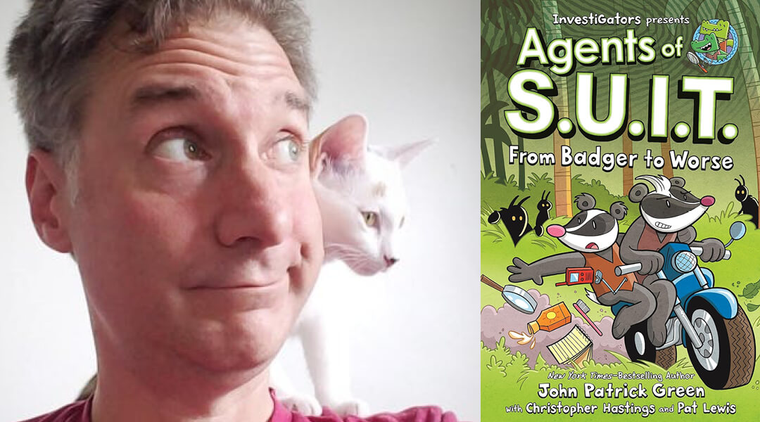 Headshot of cartoonist Pat N. Lewis and a white cat next to the cover of his graphic novel, Agents of S.U.I.T.