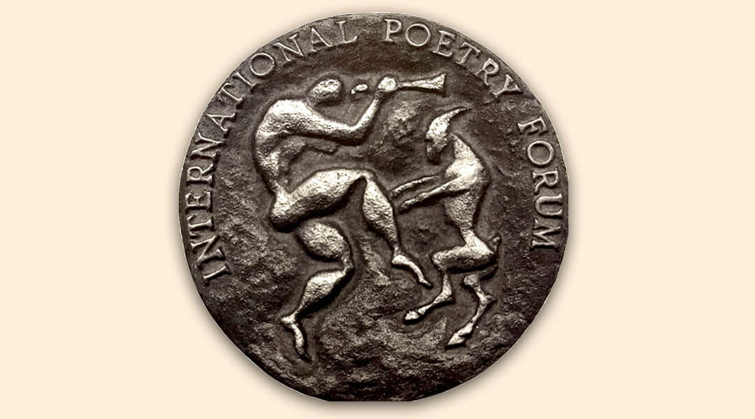 Seal of the International Poetry Forum on a beige background.