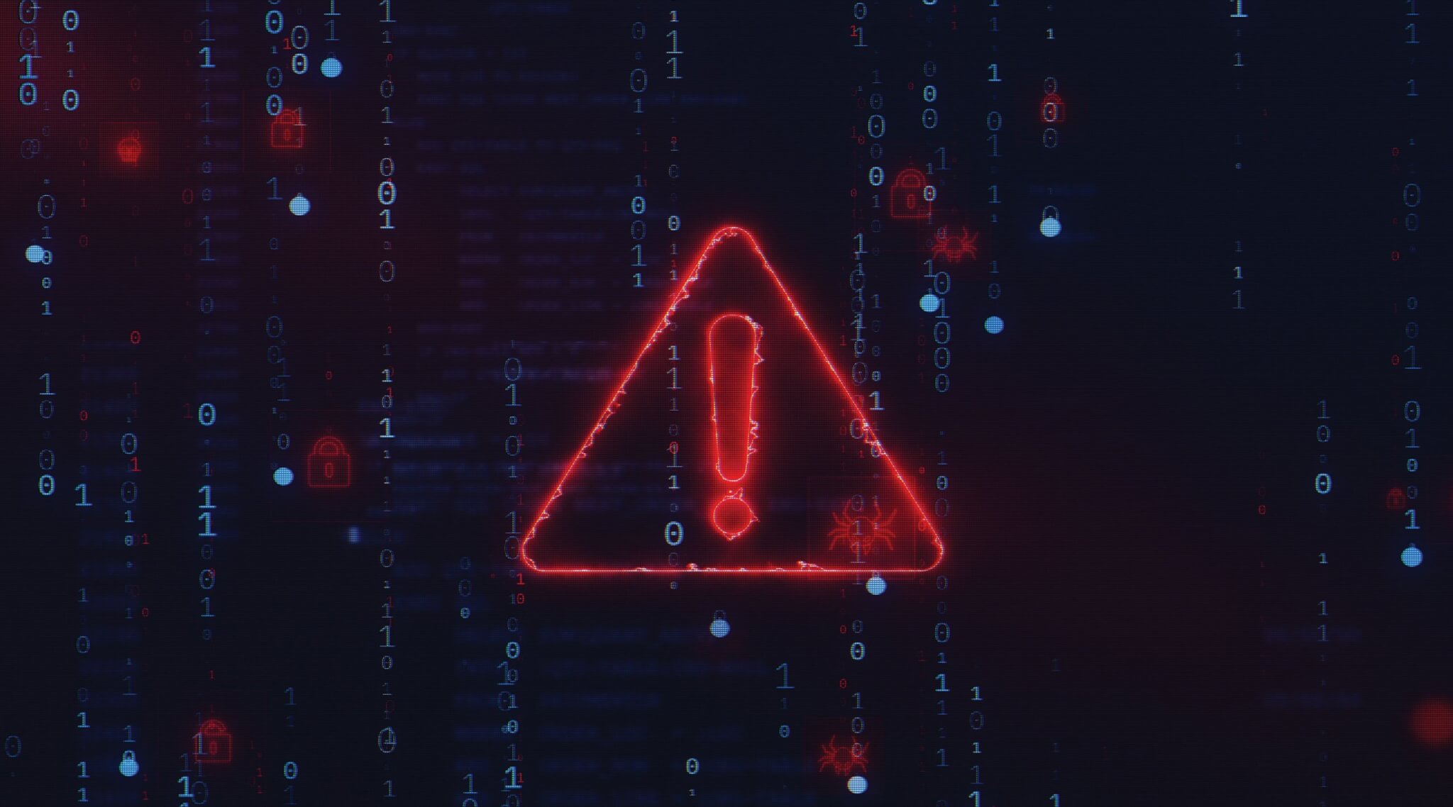 Graphic of computer code with a red caution sign