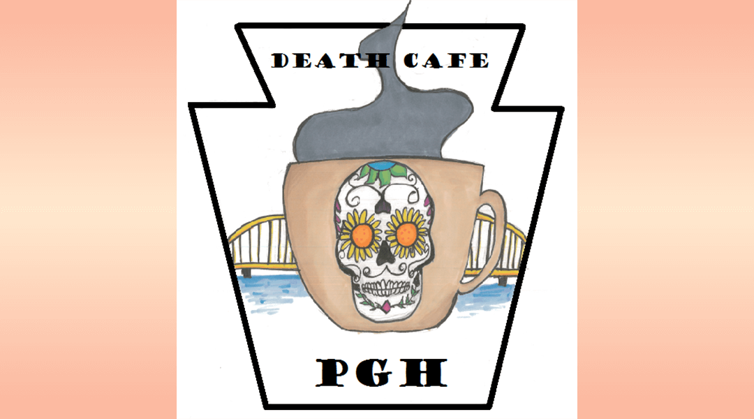 Logo for Pittsburgh Death Cafe, an outline of a keystone with a bridge and river in the background and a steaming coffee mug featuring a calavera.