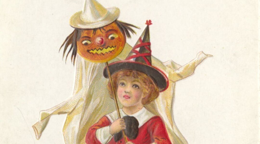 Illustration of a girl in a pointy witch hat and a Jack-o-lantern with a pointy witch hat