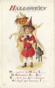 Postcard of a girl in witch costume holding a jack-o-lantern in a witch costume