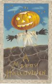 Postcard - illustration of a Jack-o-lantern on a pole. It says, "A Merry Hallowe'en."