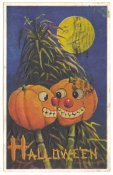 Postcard of two smiling Jack-o-lanterns under a full moon