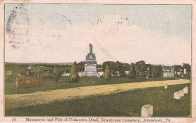 Drawing of a cemetery with headstones and a monument