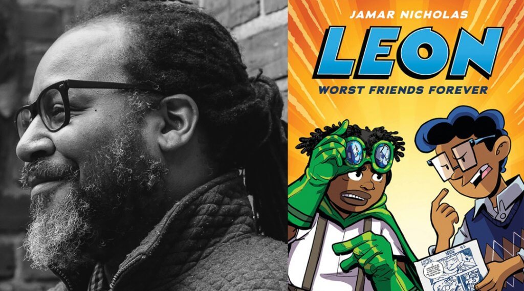 Author Jamar Nicholas next to the cover of his book, Leon: Worst Friends Ever.