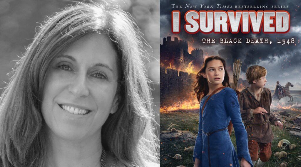 Author Lauren Tarshis next to the cover of her book, I Survived.