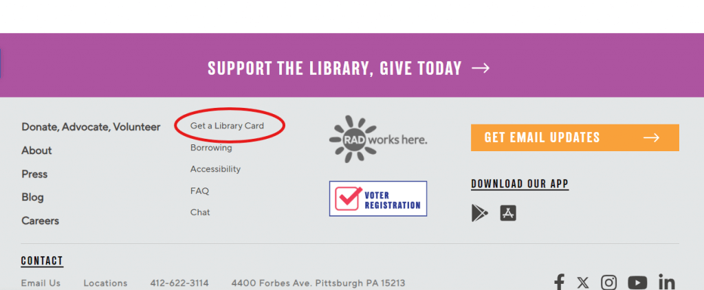 Screen shot of CLP's website using red circle to show where to apply for a library card online