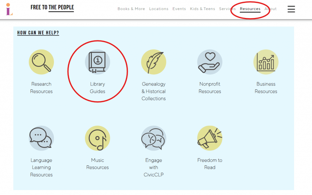 Screen shot of CLP website showing where Library Guides are located